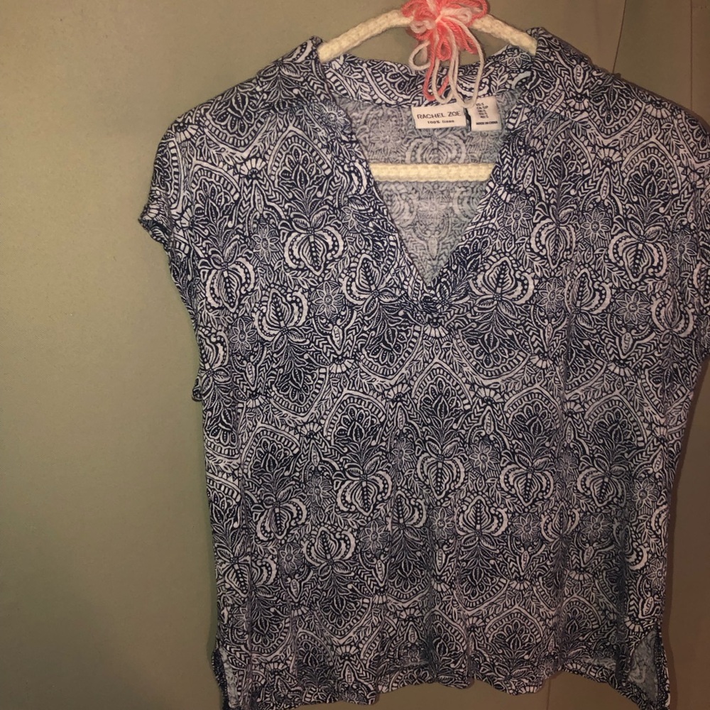 Rachel Zoe 100% Linen Boho Top Blue White Print Size S - Picture 3 of 10